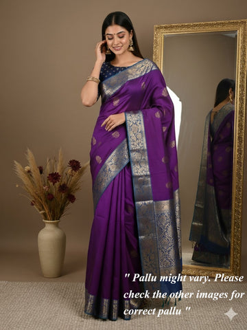 Kanchi pattu saree dark purple color allover zari motifs & zari border with rich pallu and contrast plain blouse
