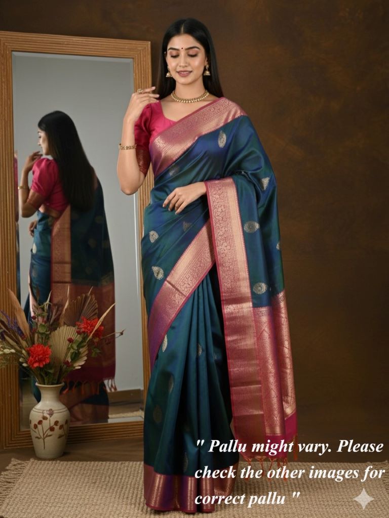 Kanchi pattu saree navy blue color allover zari motifs & zari border with rich pallu and contrast plain blouse