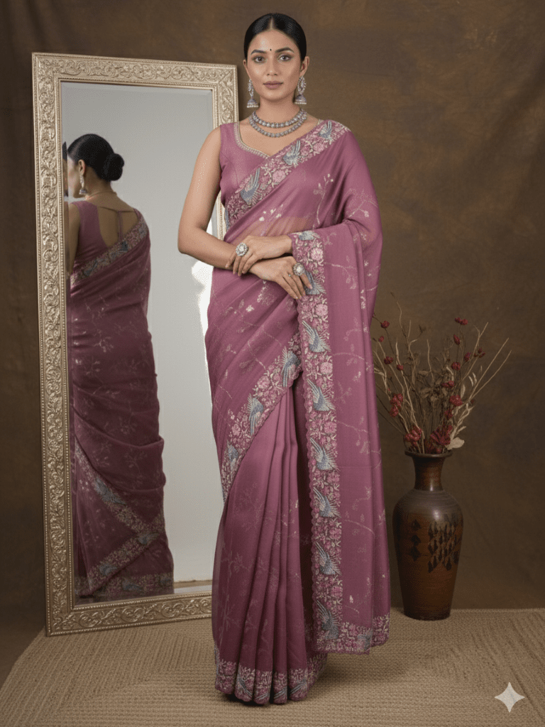 Organza fancy saree purple color allover work & cutwork border with running pallu and plain blouse