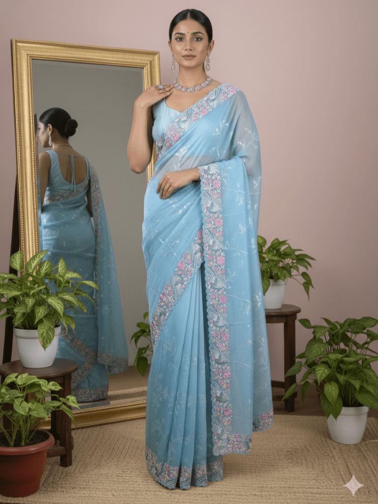 Organza fancy saree sky blue color allover work & cutwork border with running pallu and plain blouse