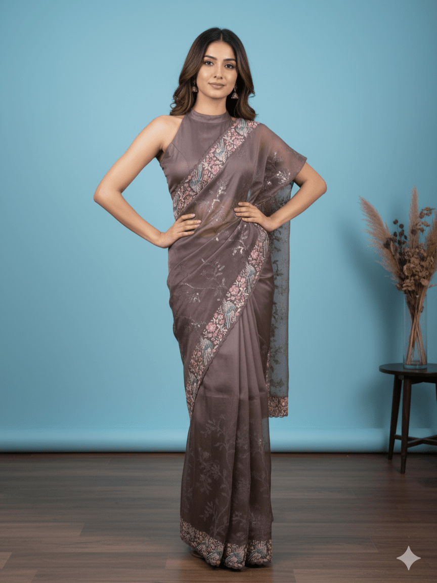 Organza fancy saree dark grey color allover work & cutwork border with running pallu and plain blouse
