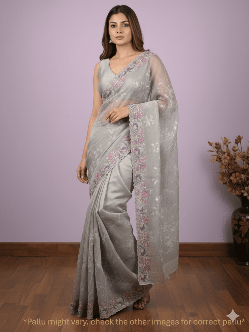 Organza fancy saree light grey color allover work & cutwork border with running pallu and plain blouse