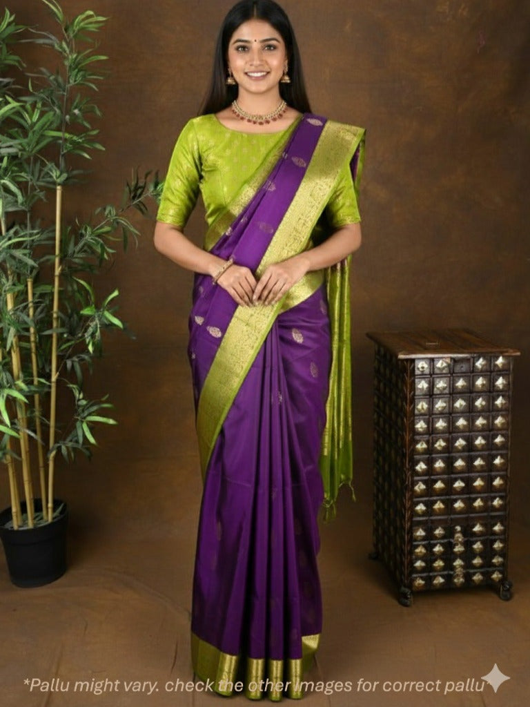 Kanchi pattu saree dark purple color allover zari motifs & zari border with rich pallu and contrast plain blouse