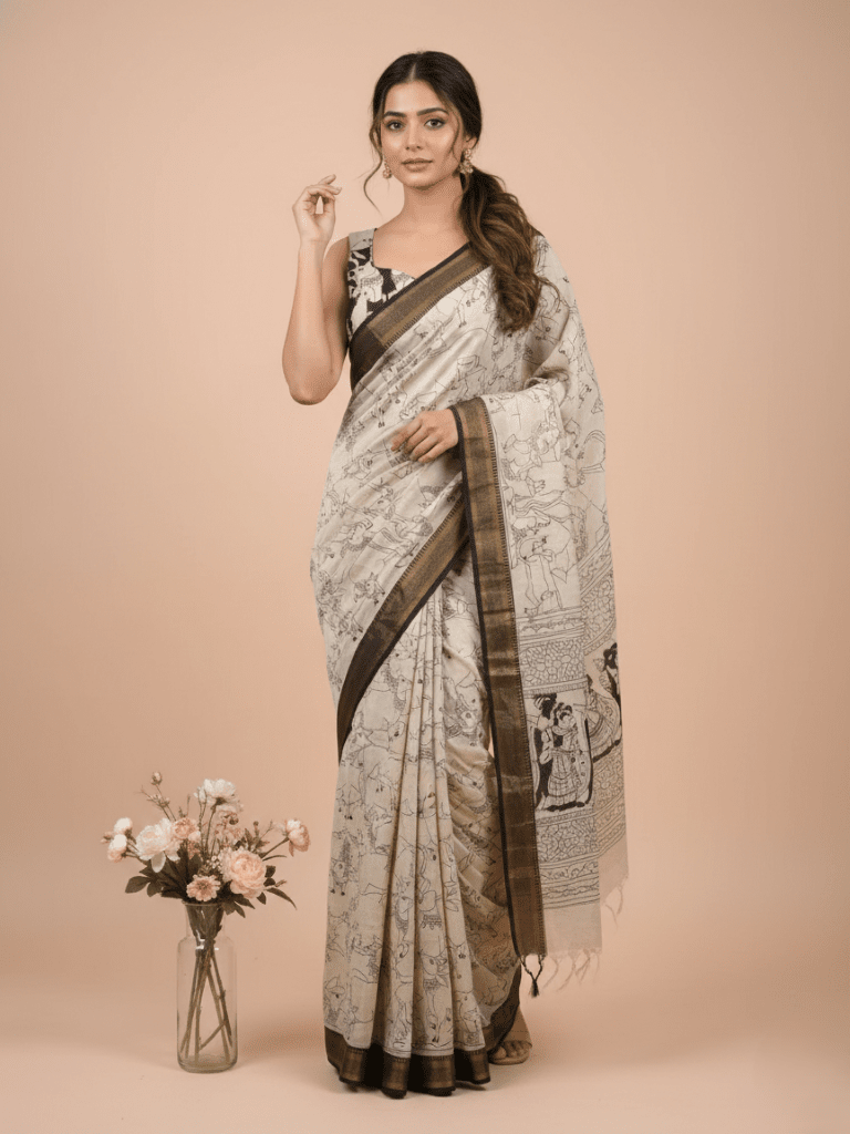 Rocket saree Maheshwari saree black and white color