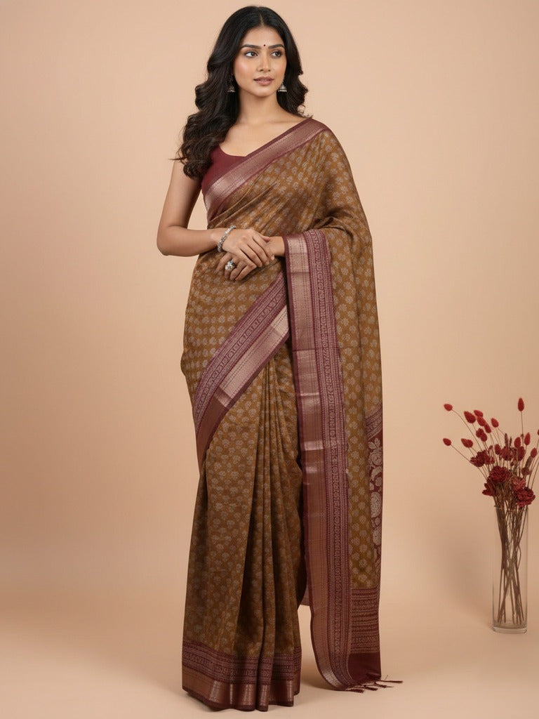 Rocket saree Maheshwari saree in brown color