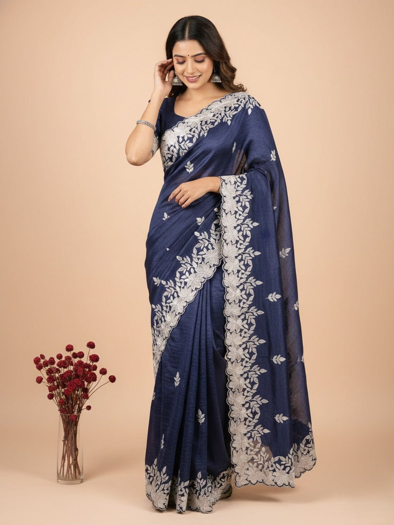 Rocket saree Crush organza saree navy blue color