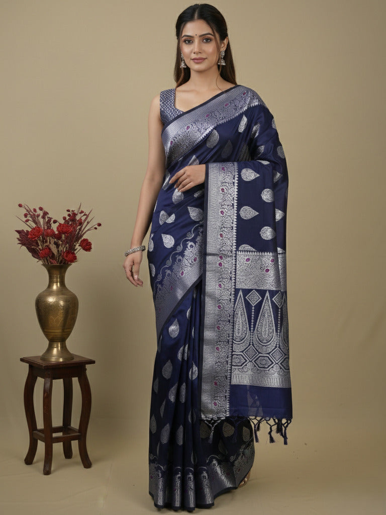 Rocket saree Chanderi saree in navy blue color