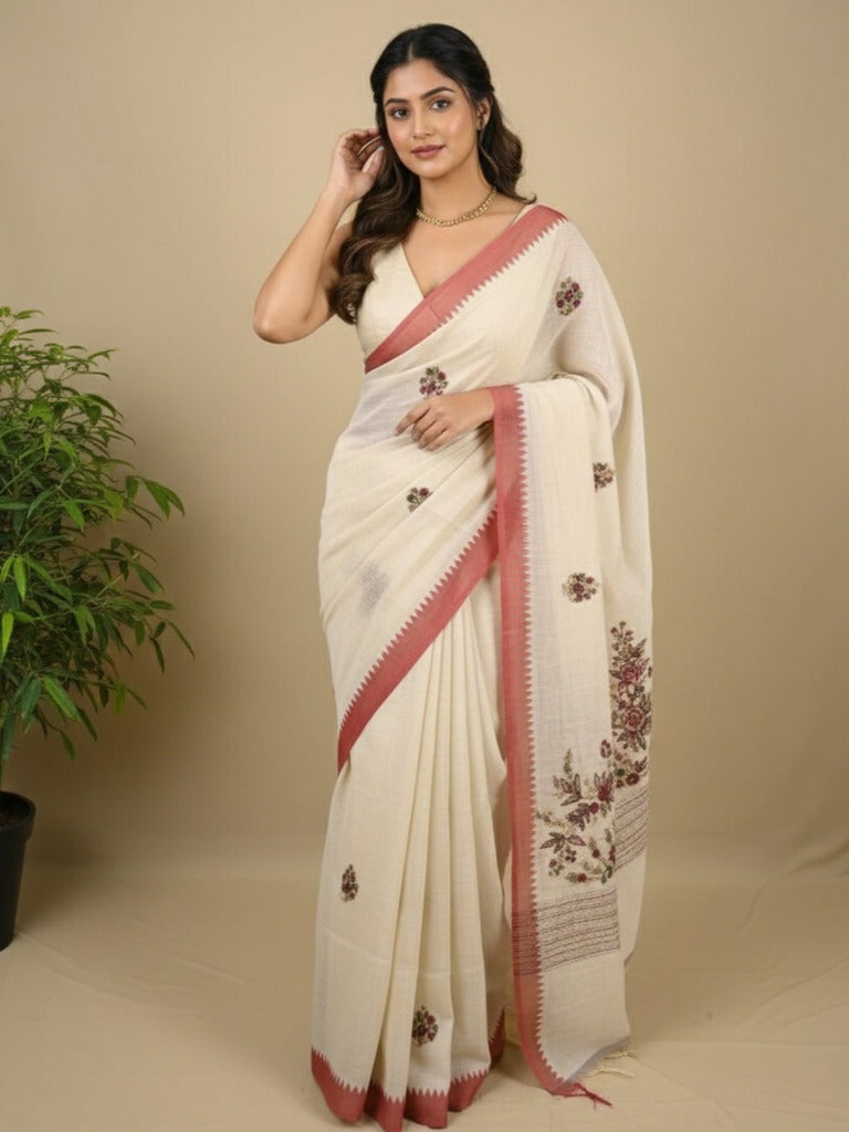 Lenin tissue embroidered fancy saree in cream color with embroidery pallu and matching blouse
