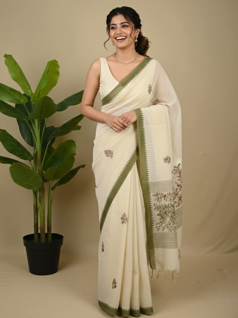 Lenin tissue embroidered fancy saree in cream color with embroidery pallu and matching blouse