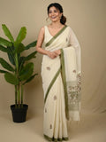Lenin tissue embroidered fancy saree in cream color with embroidery pallu and matching blouse