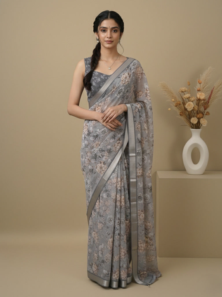 Rocket saree Chiffon saree in grey color