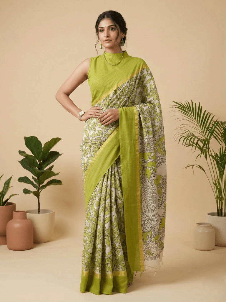 Kalamkari silk saree in cream, featuring a contrast color border and plain matching blouse
