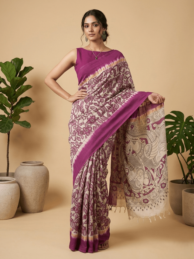 Kalamkari silk saree in cream, featuring a contrast color border and plain matching blouse