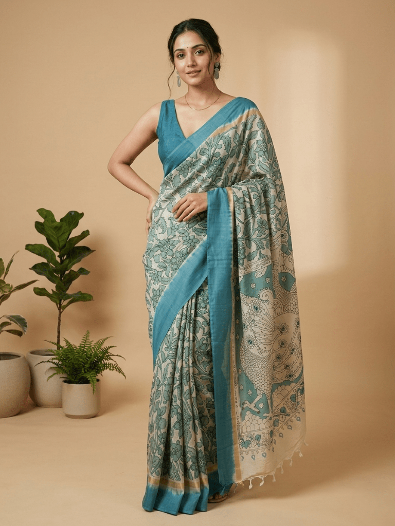 Kalamkari silk saree in cream, featuring a contrast color border and plain matching blouse