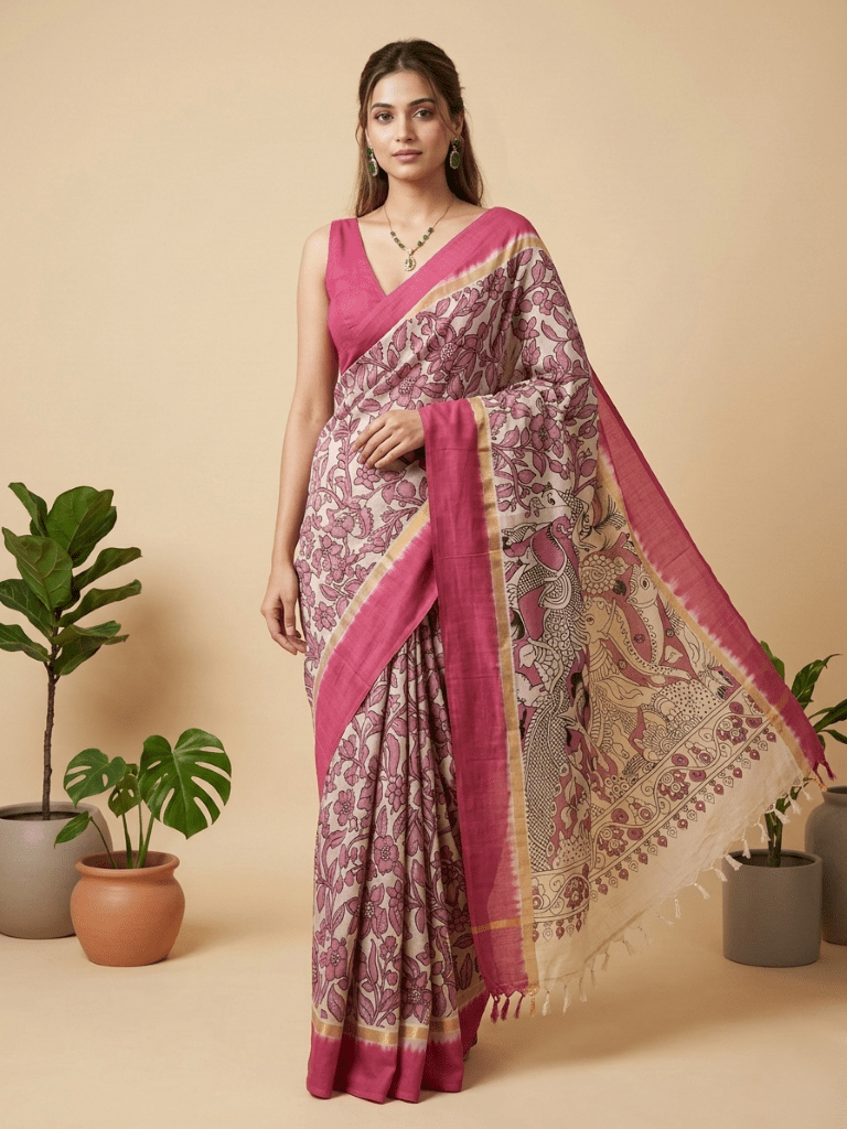Kalamkari silk saree in cream, featuring a contrast color border and plain matching blouse