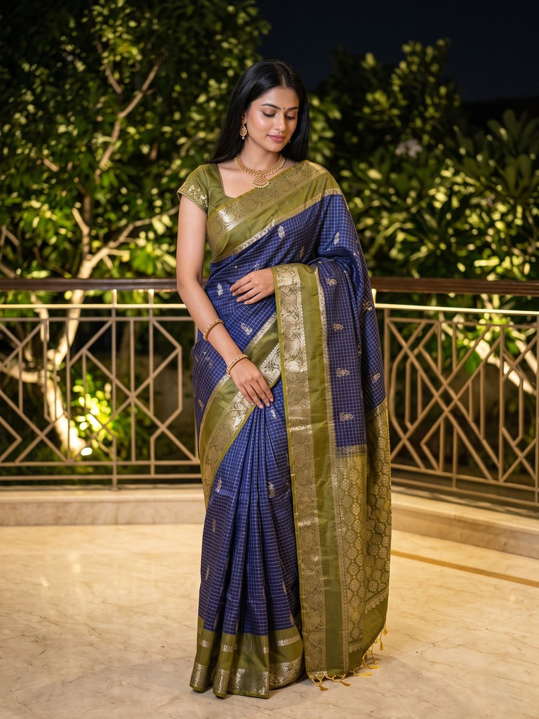 Vintage pattu saree for women | grey | allover checks | zari border | party wear