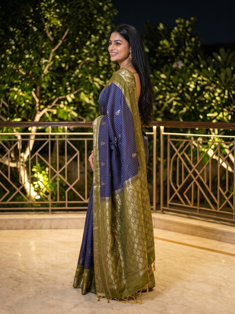 Vintage pattu saree for women | grey | allover checks | zari border | party wear