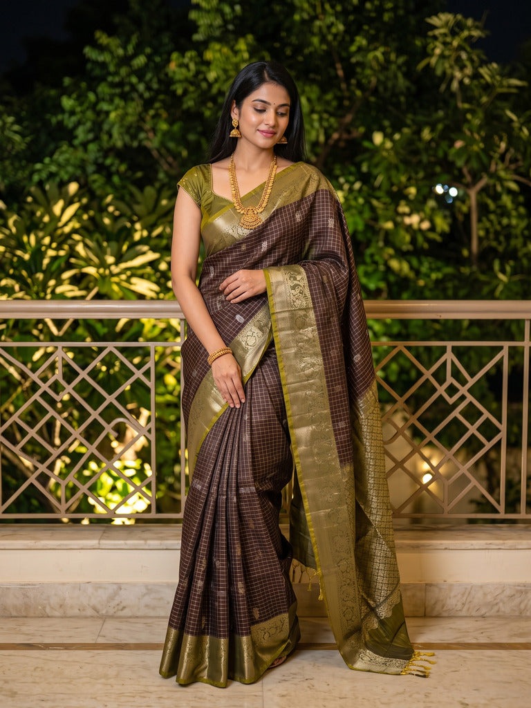 Vintage pattu saree for women | grey | allover checks | zari border | party wear