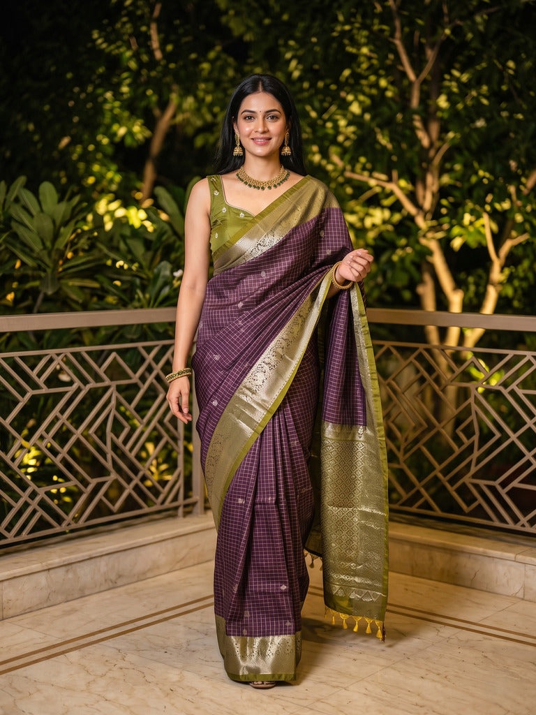 Vintage pattu saree for women | grey | allover checks | zari border | party wear