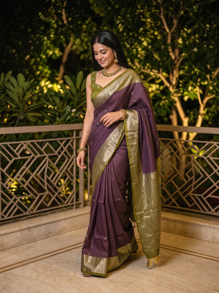 Vintage pattu saree for women | grey | allover checks | zari border | party wear