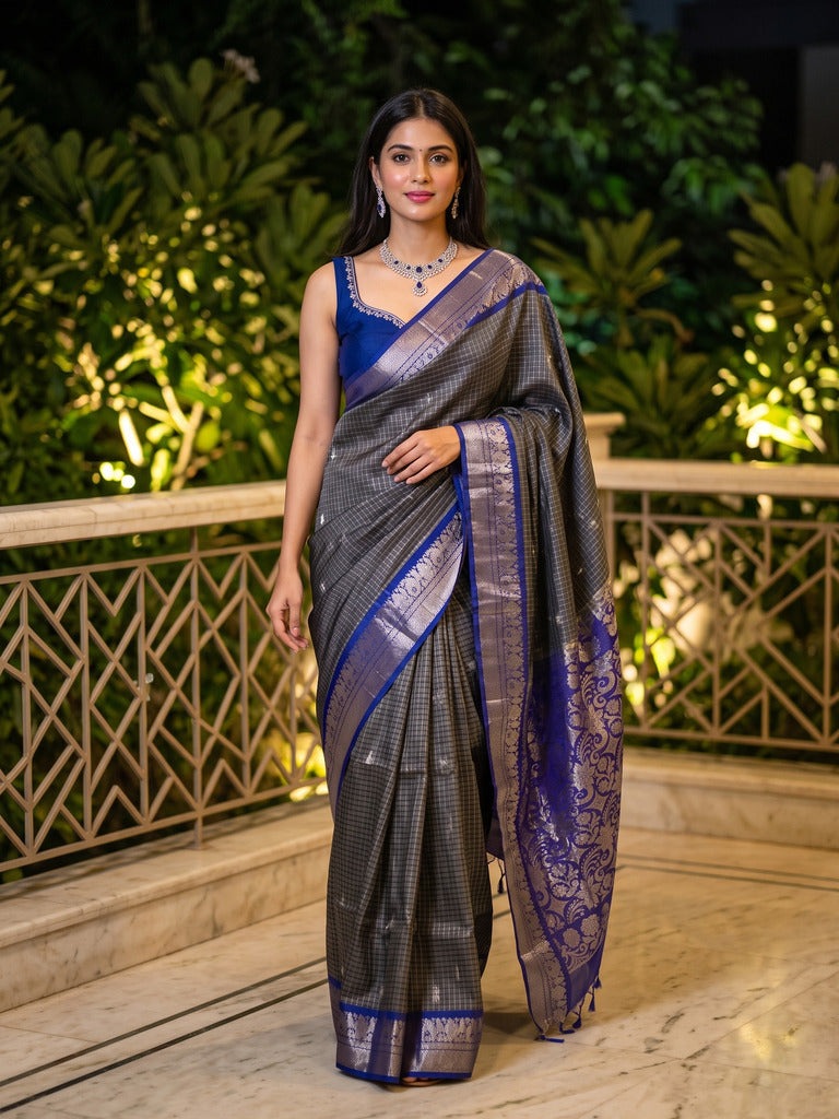 Vintage pattu saree for women | grey | allover checks | zari border | party wear