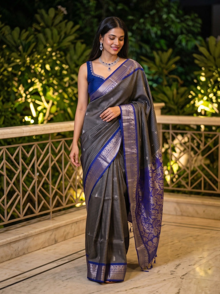 Vintage pattu saree for women | grey | allover checks | zari border | party wear