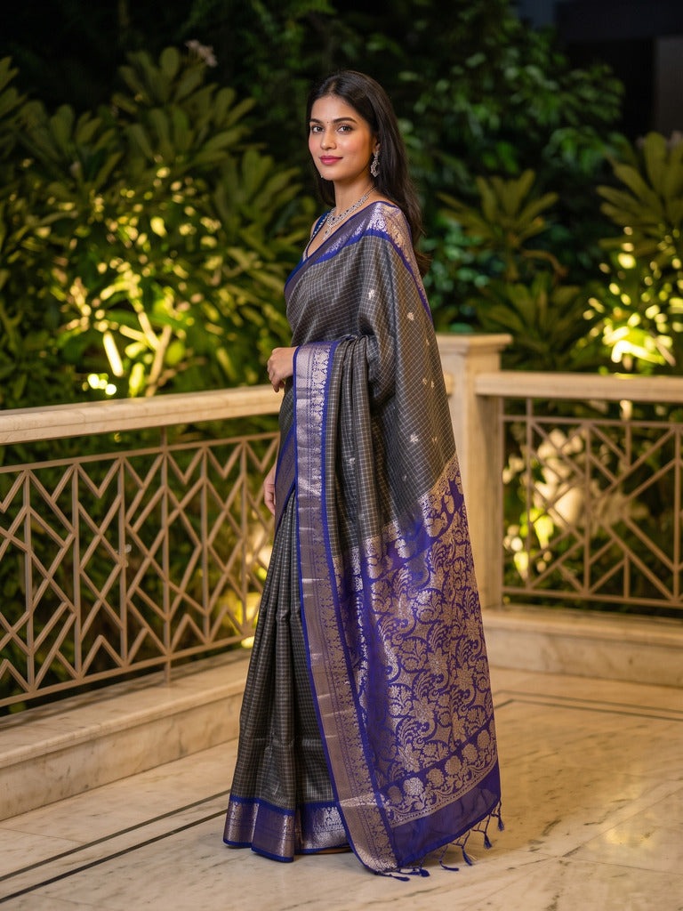 Vintage pattu saree for women | grey | allover checks | zari border | party wear