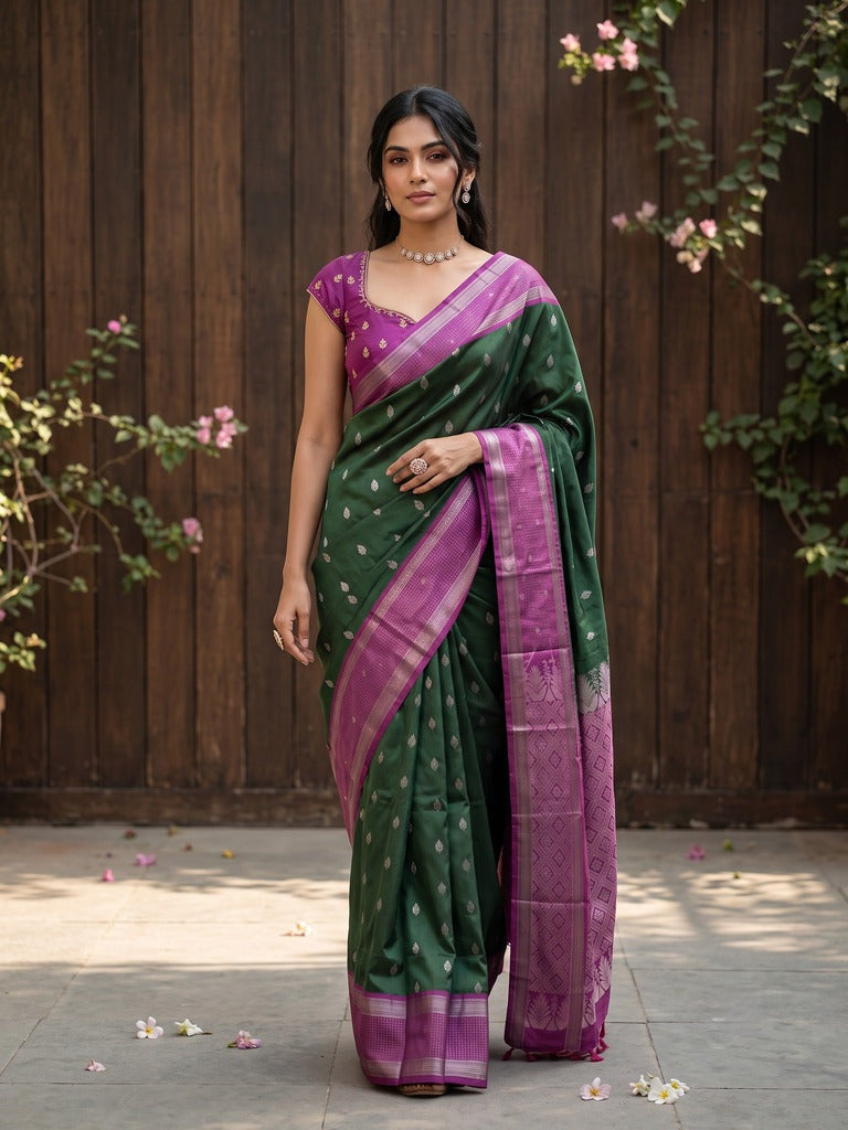 Light weight kanchi pattu saree for women | bottle green | zari border | party wear