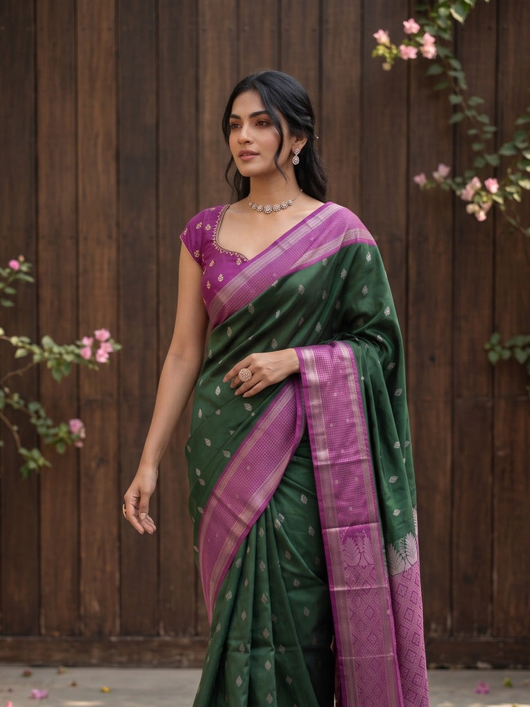 Light weight kanchi pattu saree for women | bottle green | zari border | party wear