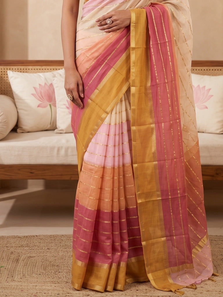 Chinnon fancy saree for women | cream & yellow | allover stripes | party wear