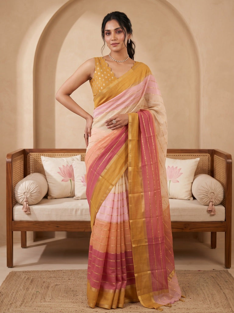 Chinnon fancy saree for women | cream & yellow | allover stripes | party wear