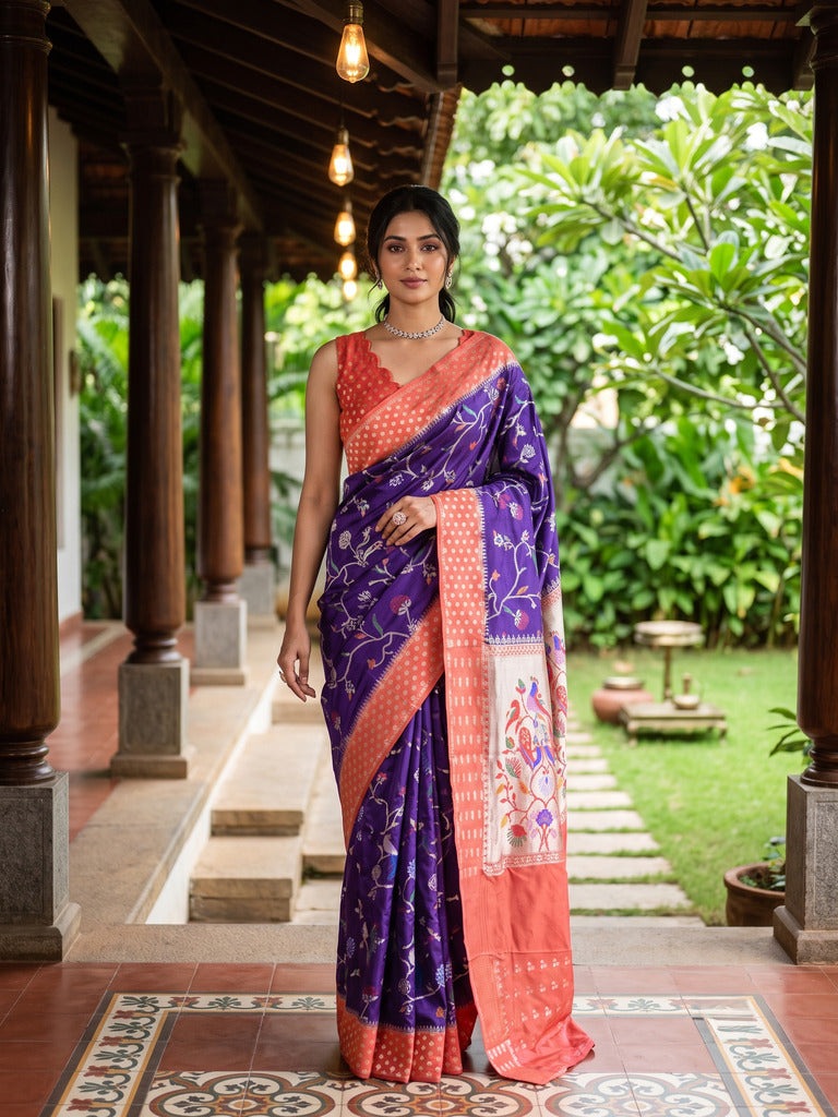 Green mango fancy saree for women | violet | zari border | contrast blouse | party wear