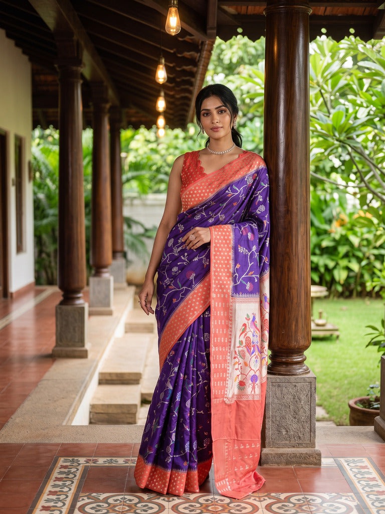 Green mango fancy saree for women | violet | zari border | contrast blouse | party wear