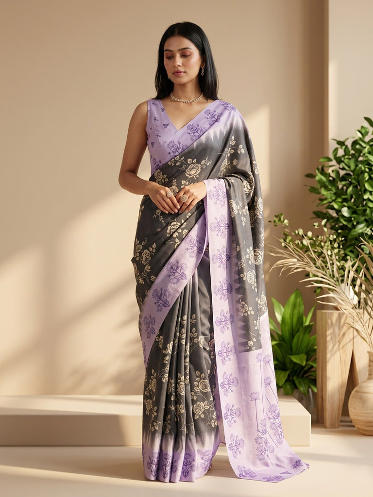 Tussar fancy saree for women | black | floral border | party wear