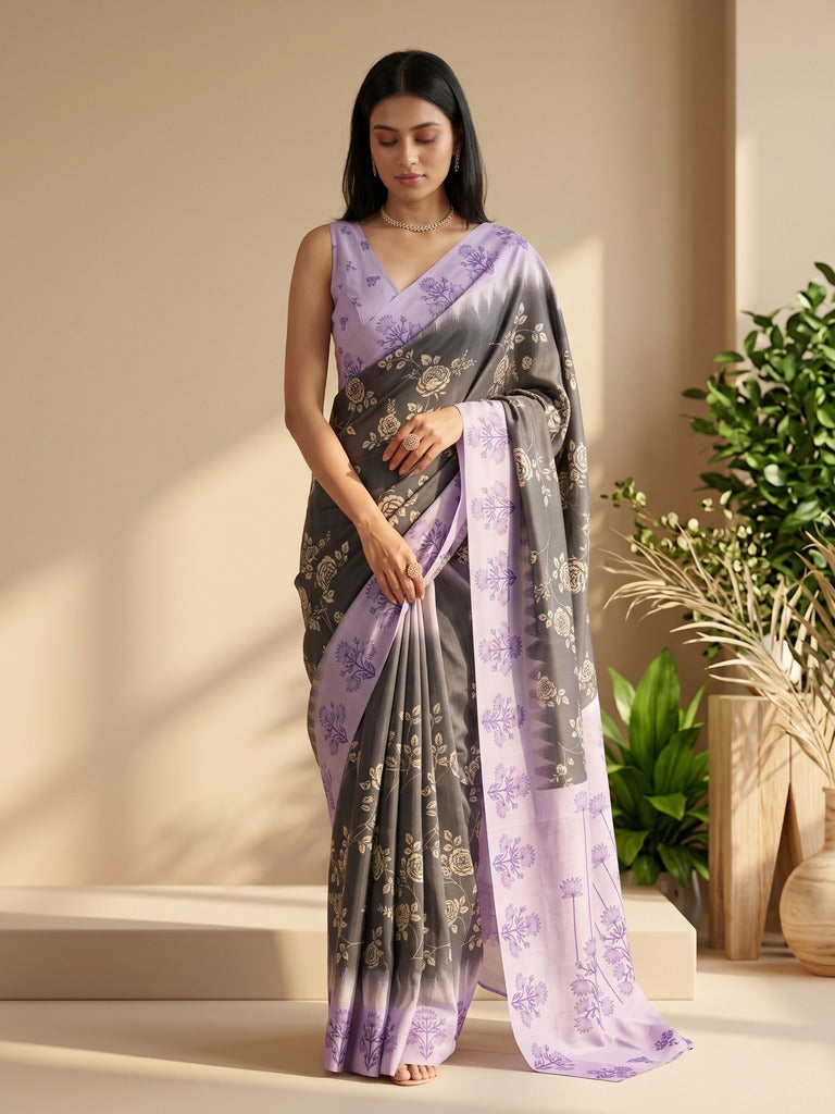 Tussar fancy saree for women | black | floral border | party wear