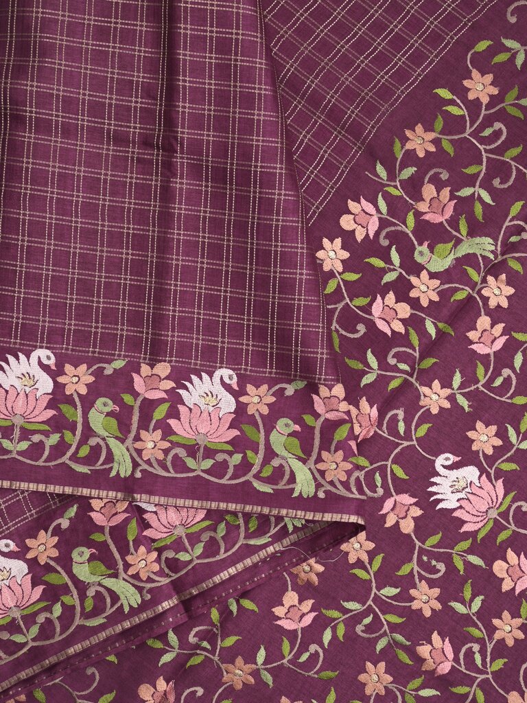 Tussar fancy saree allover checks with embroidery border and attached blouse