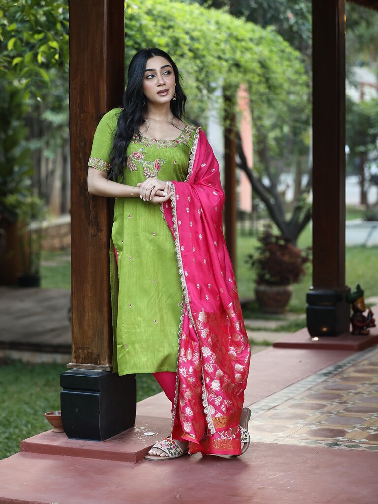 Designer embroidery kurthi for women | green | matching dupatta | festive & party wear