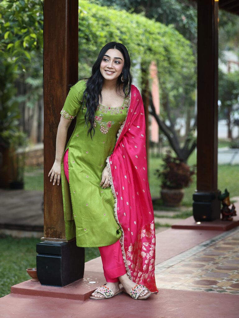 Designer embroidery kurthi for women | green | matching dupatta | festive & party wear