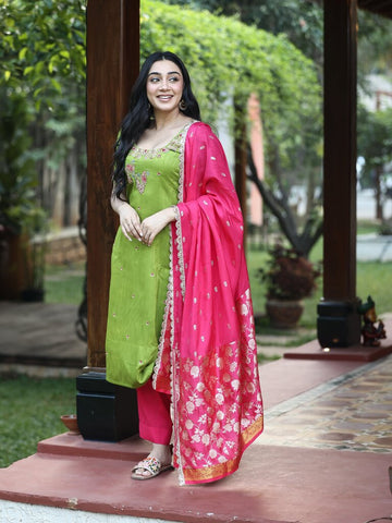 Designer embroidery kurthi for women | green | matching dupatta | festive & party wear