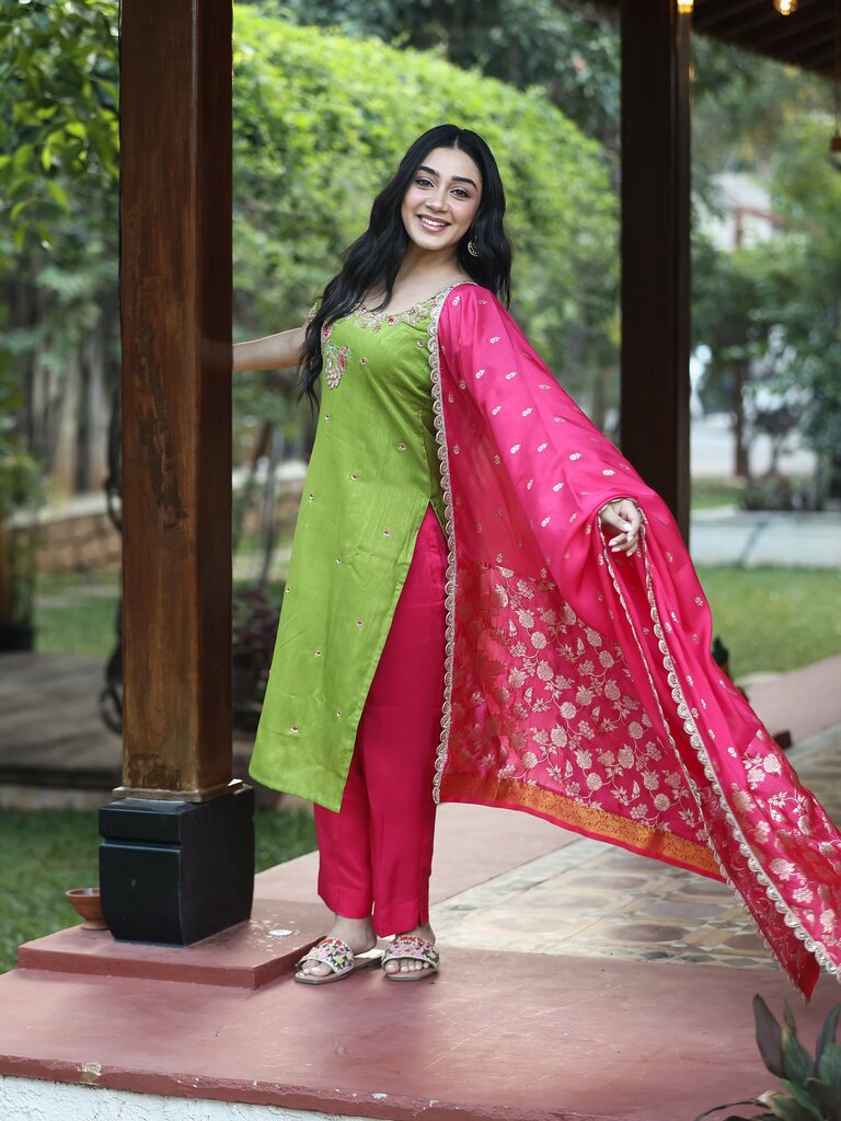 Designer embroidery kurthi for women | green | matching dupatta | festive & party wear