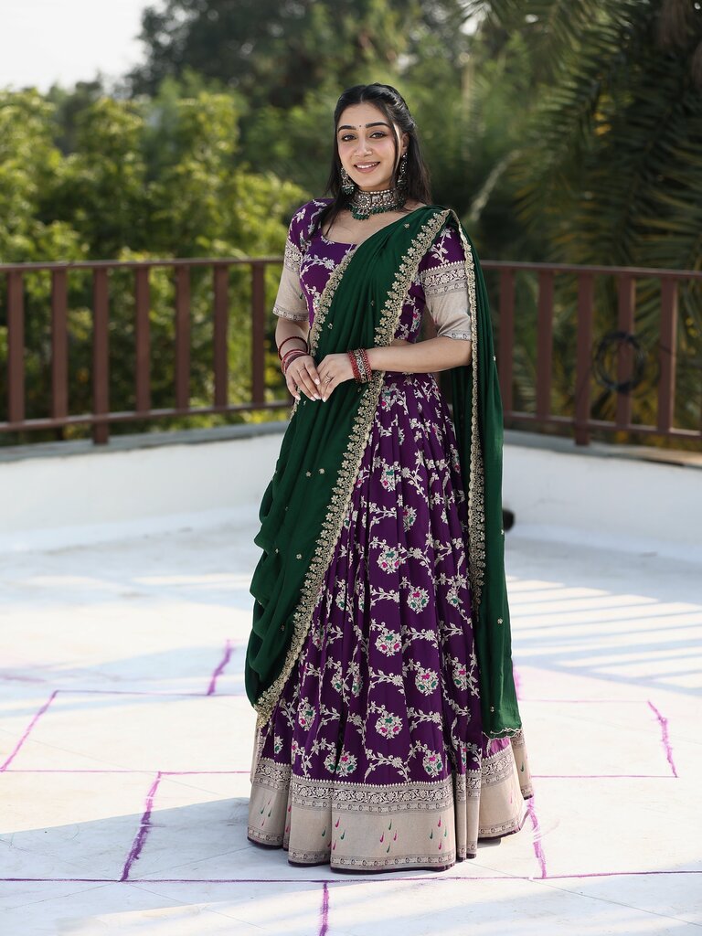 Traditional pattu half saree set for women | violet | festive & party wear