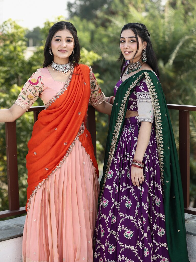 Traditional pattu half Saree Set for Women | pastel peach | festive & party wear