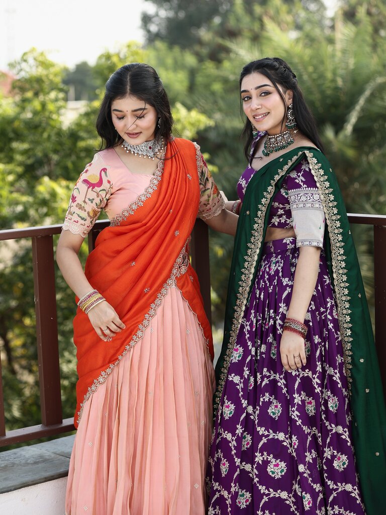 Traditional pattu half saree set for women | violet | festive & party wear