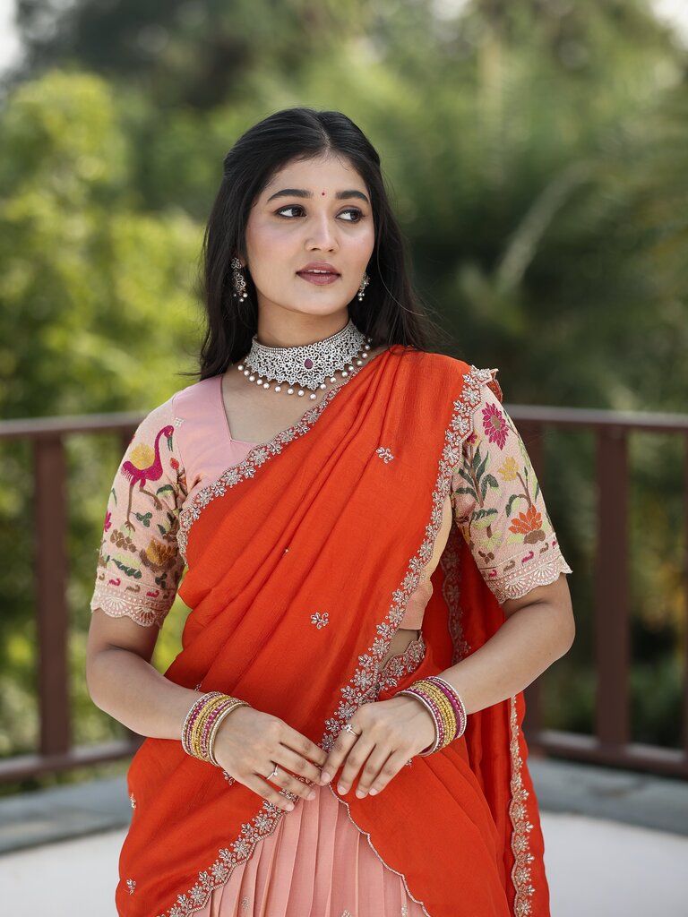 Traditional pattu half Saree Set for Women | pastel peach | festive & party wear