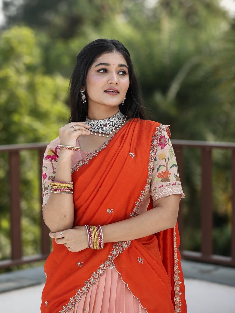 Traditional pattu half Saree Set for Women | pastel peach | festive & party wear