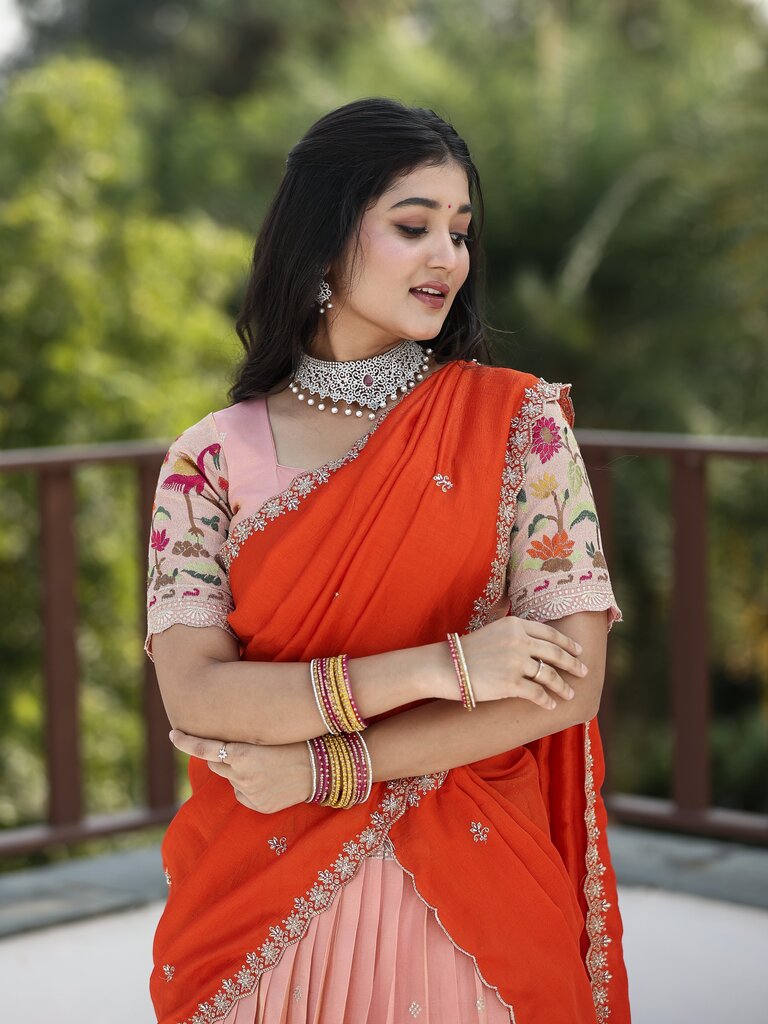 Traditional pattu half Saree Set for Women | pastel peach | festive & party wear