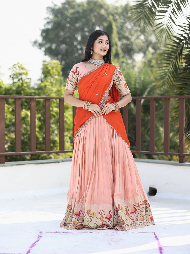Traditional pattu half Saree Set for Women | pastel peach | festive & party wear