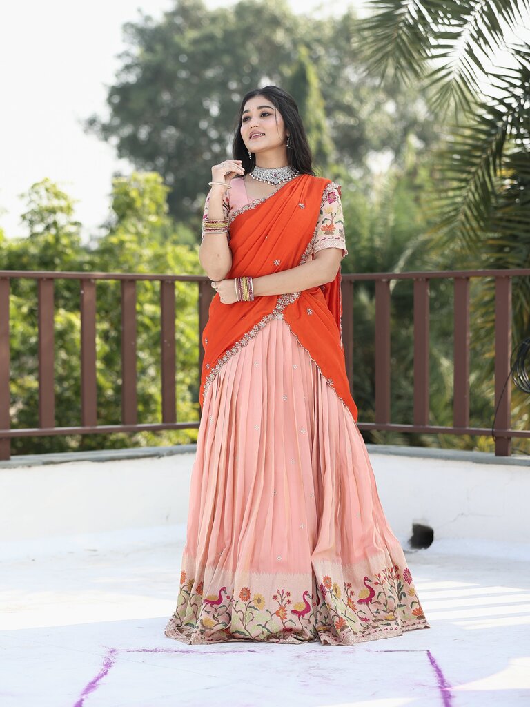 Traditional pattu half Saree Set for Women | pastel peach | festive & party wear