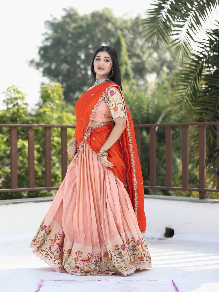 Traditional pattu half Saree Set for Women | pastel peach | festive & party wear
