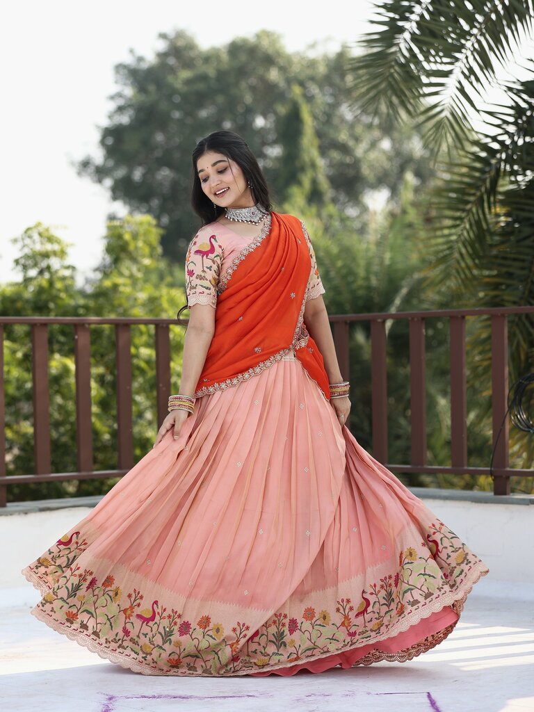 Traditional pattu half Saree Set for Women | pastel peach | festive & party wear